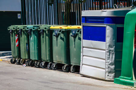 Carmona Spain July 26, 2021 Garbage container in the streets of Carmona called The Bright Star of Europe, the town shows a typical narrow and meandering Arabic layoutの写真素材
