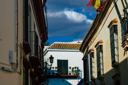 Carmona Spain July 26, 2021 Facade of old house in the streets of Carmona called The Bright Star of Europe, the town shows a typical narrow and meandering Arabic layoutの写真素材