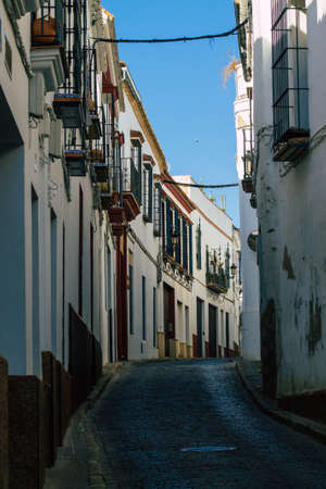 Carmona Spain July 28, 2021 Facade of old house in the streets of Carmona called The Bright Star of Europe, the town shows a typical narrow and meandering Arabic layoutの写真素材