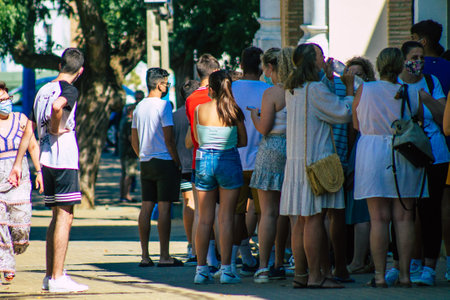 Carmona Spain July 26, 2021 Vacination center of Carmona against Coronavirus, the local people with protective mask waiting to receive the vaccine, open from monday to friday with the collaboration of Civile Protectionのeditorial素材