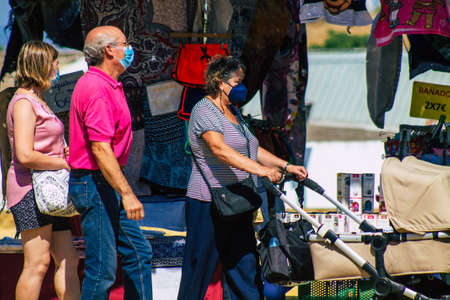 Carmona Spain July 26, 2021 Unidentified Spanish people with face mask shopping at local market in...