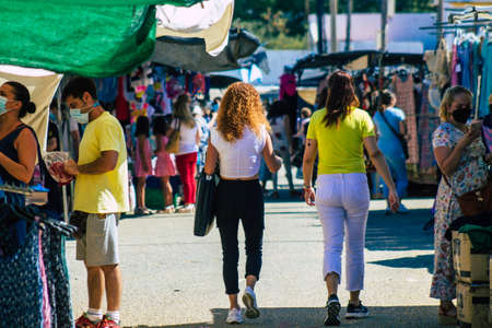 Carmona Spain July 26, 2021 Unidentified Spanish people with face mask shopping at local market in...