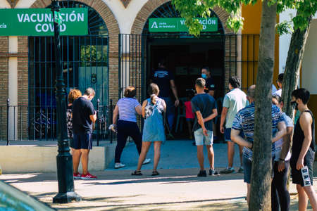 Carmona Spain July 26, 2021 Vacination center of Carmona against Coronavirus, the local people with...