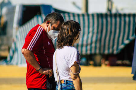 Carmona Spain July 26, 2021 Unidentified Spanish people with face mask shopping at local market in...