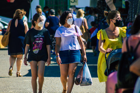 Carmona Spain July 26, 2021 Unidentified Spanish people with face mask shopping at local market in...