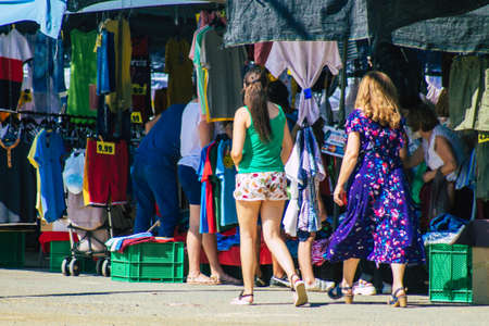 Carmona Spain July 26, 2021 Unidentified Spanish people with face mask shopping at local market in downtown during Coronavirus outbreak hitting Spain, wearing a mask is mandatoryのeditorial素材