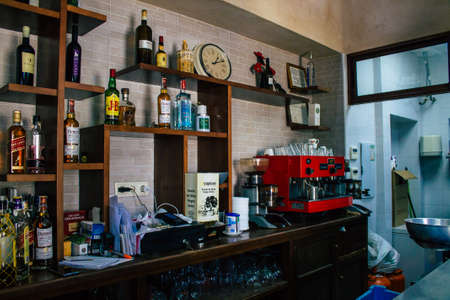 Carmona Spain July 30, 2021 Inside of establishment Resbalon, a wine bar, singular tapas bar located in main street of Carmona, very pleasant terrace for tapasのeditorial素材