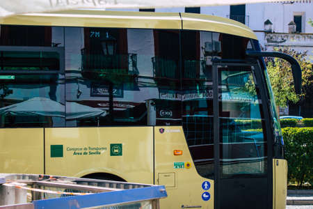 Carmona Spain July 30, 2021 Bus stop in the main street of Carmona, the bus number 124 ride between...