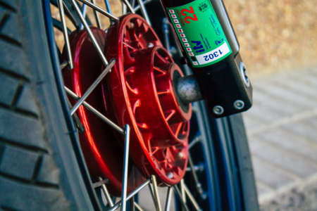 Carmona Spain July 30, 2021 Moto Guzzi motorcycle parked in the streets of Carmona, the town shows a typical narrow and meandering Arabic layoutのeditorial素材