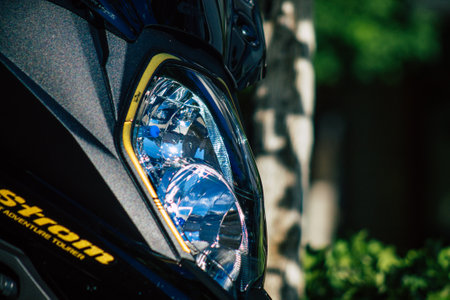 Seville Spain July 26, 2021 SUZUKI VSTORM motorcycle parked in the streets of Seville, an emblematic city and the capital of the region of Andalusia, in the south of Spainのeditorial素材