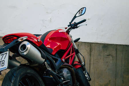 Carmona Spain July 30, 2021 Ducati Monster motorcycle parked in the streets of Carmona, the town...