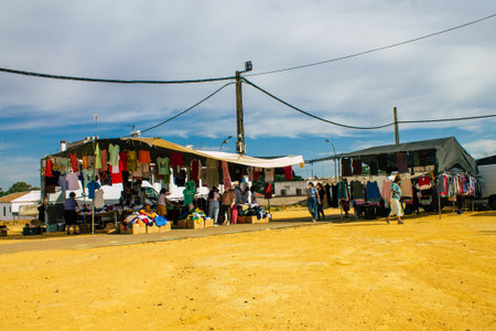 Carmona Spain August 02, 2021 Local market in downtown during Coronavirus outbreak hitting Spain, people shopping every monday, wearing a mask is mandatoryのeditorial素材