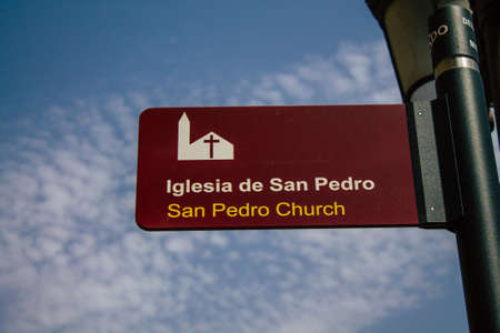 Seville Spain August 11, 2021 Street sign or road sign, erected at the side of or above roads to provide information to road user in the downtown area of Sevilleの写真素材