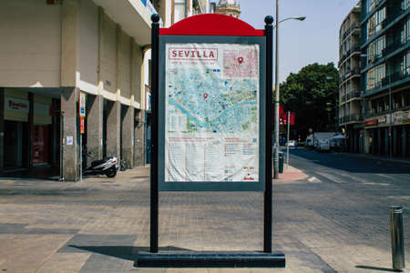 Seville Spain August 11, 2021 Street sign or road sign, erected at the side of or above roads to...