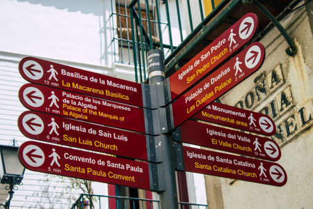 Seville Spain August 11, 2021 Street sign or road sign, erected at the side of or above roads to...