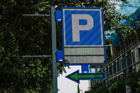 Seville Spain August 11, 2021 Street sign or road sign, erected at the side of or above roads to provide information to road user in the downtown area of Sevilleの写真素材