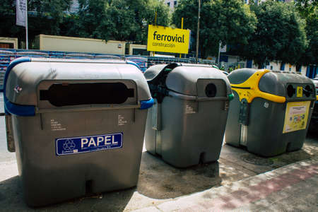 Seville Spain August 11, 2021 Garbage container in the streets of Seville, an emblematic city and...