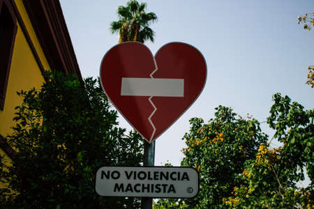 Seville Spain August 11, 2021 Street sign or road sign, erected at the side of or above roads to provide information to road user in the downtown area of Sevilleの写真素材