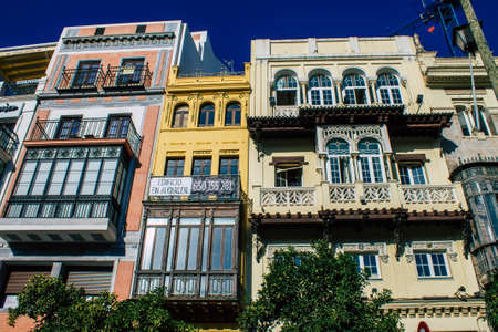 Seville Spain August 10, 2021 Facade of a building in the streets of Seville, an emblematic city and the capital of the region of Andalusia, in the south of Spainのeditorial素材