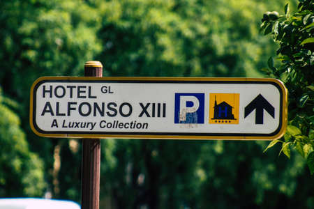 Seville Spain August 21, 2021 Street sign or road sign, erected at the side of or above roads to...