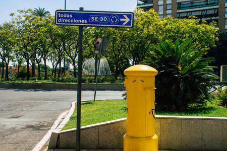 Seville Spain August 21, 2021 Street sign or road sign, erected at the side of or above roads to...