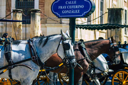 Seville Spain August 28, 2021 Horse drawn carriage ride through the streets of Seville during the...