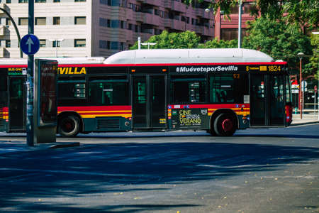 Seville Spain August 28, 2021 Bus driving through the streets of Seville during the coronavirus...