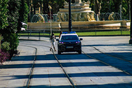 Seville Spain September 04, 2021 Police car patrolling in the streets of Seville, an emblematic city...