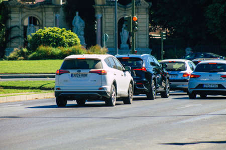Seville Spain September 04, 2021 Traffic jam in the streets of Seville, an emblematic city and the capital of the region of Andalusia, in the south of Spainの写真素材