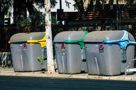 Seville Spain September 04, 2021 Garbage container in the streets of Seville, an emblematic city and...