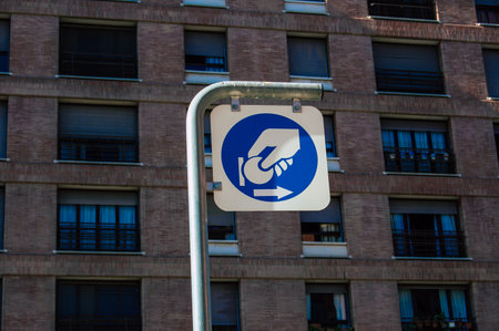 Seville Spain September 04, 2021 Street sign or road sign, erected at the side of or above roads to provide information to road user in the downtown area of Sevilleの写真素材