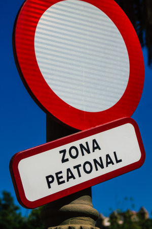 Seville Spain September 04, 2021 Street sign or road sign, erected at the side of or above roads to provide information to road user in the downtown area of Sevilleの写真素材