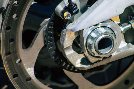 Seville Spain September 04, 2021 Ducati 1260 motorcycle parked in the streets of Seville, an...