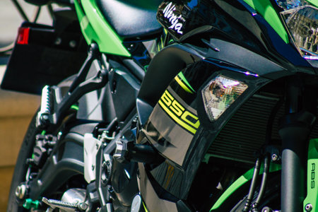 Seville Spain September 04, 2021 Kawasaki Ninja 650 motorcycle parked in the streets of Seville, an...