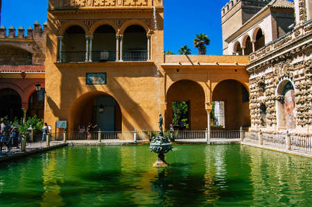 Seville Spain September 04, 2021 The Alcazar of Seville and its gardens is a fortified palace from the Muslim then Christian era. Considered the most brilliant example of Mudejar architecture in Spainのeditorial素材