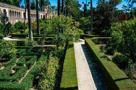 Seville Spain September 04, 2021 The Alcazar of Seville and its gardens is a fortified palace from the Muslim then Christian era. Considered the most brilliant example of Mudejar architecture in Spainのeditorial素材