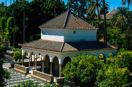Seville Spain September 04, 2021 The Alcazar of Seville and its gardens is a fortified palace from the Muslim then Christian era. Considered the most brilliant example of Mudejar architecture in Spainのeditorial素材