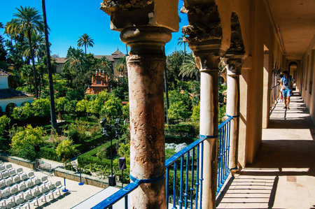 Seville Spain September 04, 2021 The Alcazar of Seville and its gardens is a fortified palace from the Muslim then Christian era. Considered the most brilliant example of Mudejar architecture in Spainのeditorial素材
