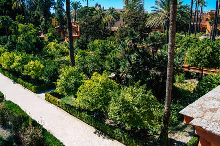 Seville Spain September 04, 2021 The Alcazar of Seville and its gardens is a fortified palace from the Muslim then Christian era. Considered the most brilliant example of Mudejar architecture in Spainのeditorial素材