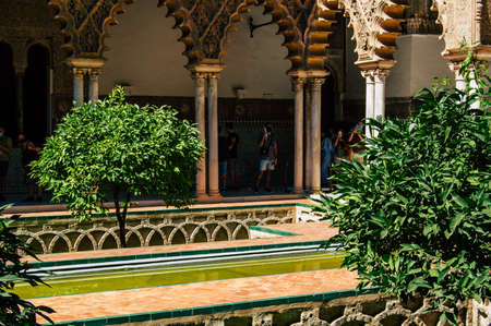 Seville Spain September 04, 2021 The Alcazar of Seville and its gardens is a fortified palace from the Muslim then Christian era. Considered the most brilliant example of Mudejar architecture in Spainのeditorial素材