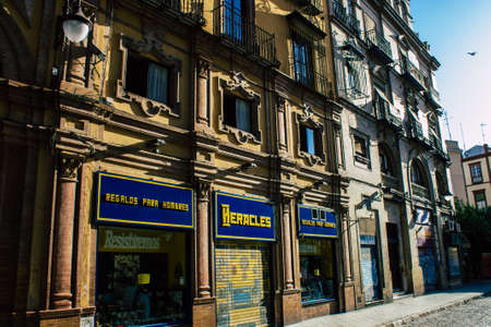 Seville Spain August 10, 2021 Facade of a building in the streets of Seville, an emblematic city and the capital of the region of Andalusia, in the south of Spainのeditorial素材