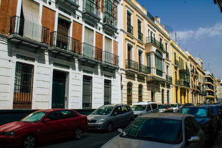 Seville Spain August 10, 2021 Facade of a building in the streets of Seville, an emblematic city and...