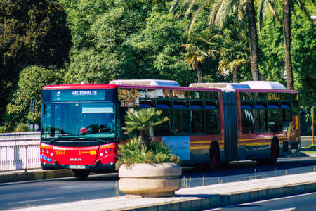 Seville Spain September 04, 2021 Bus driving through the streets of Seville during the coronavirus outbreak hitting Spain, wearing a mask is mandatoryのeditorial素材