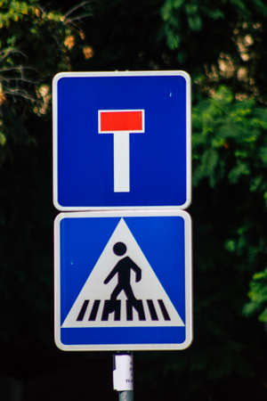 Seville Spain September 22, 2021 Street sign or road sign, erected at the side of or above roads to provide information to road user in the downtown area of Sevilleの写真素材