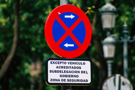 Seville Spain September 22, 2021 Street sign or road sign, erected at the side of or above roads to provide information to road user in the downtown area of Sevilleの写真素材