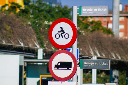 Seville Spain September 22, 2021 Street sign or road sign, erected at the side of or above roads to provide information to road user in the downtown area of Sevilleの写真素材