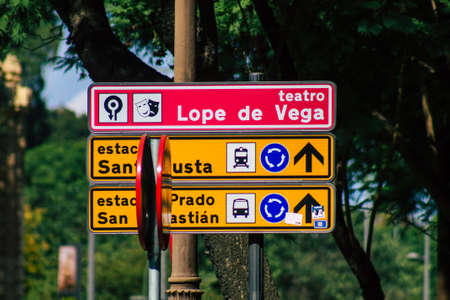 Seville Spain September 22, 2021 Street sign or road sign, erected at the side of or above roads to provide information to road user in the downtown area of Sevilleの写真素材