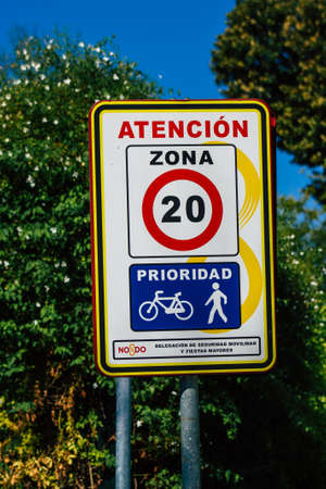 Seville Spain September 22, 2021 Street sign or road sign, erected at the side of or above roads to provide information to road user in the downtown area of Sevilleの写真素材