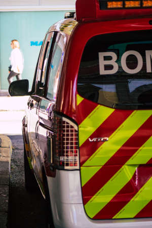 Seville Spain September 22, 2021 Fire engine parked at the fire station of the city center of...