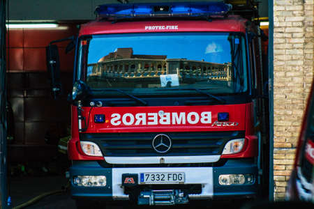 Seville Spain September 22, 2021 Fire engine parked at the fire station of the city center of Seville, an emblematic city and the capital of the region of Andalusia, in the south of Spainの写真素材